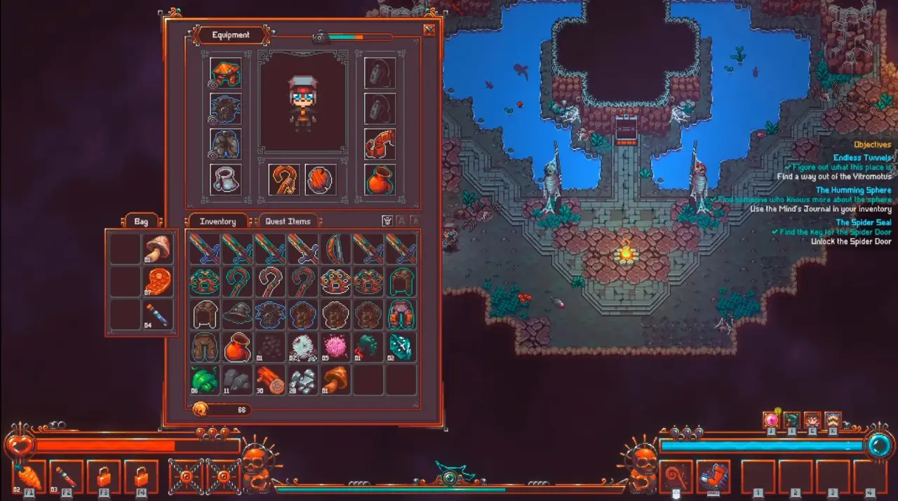 Emberville equipment and inventory windows as a separate menu reference