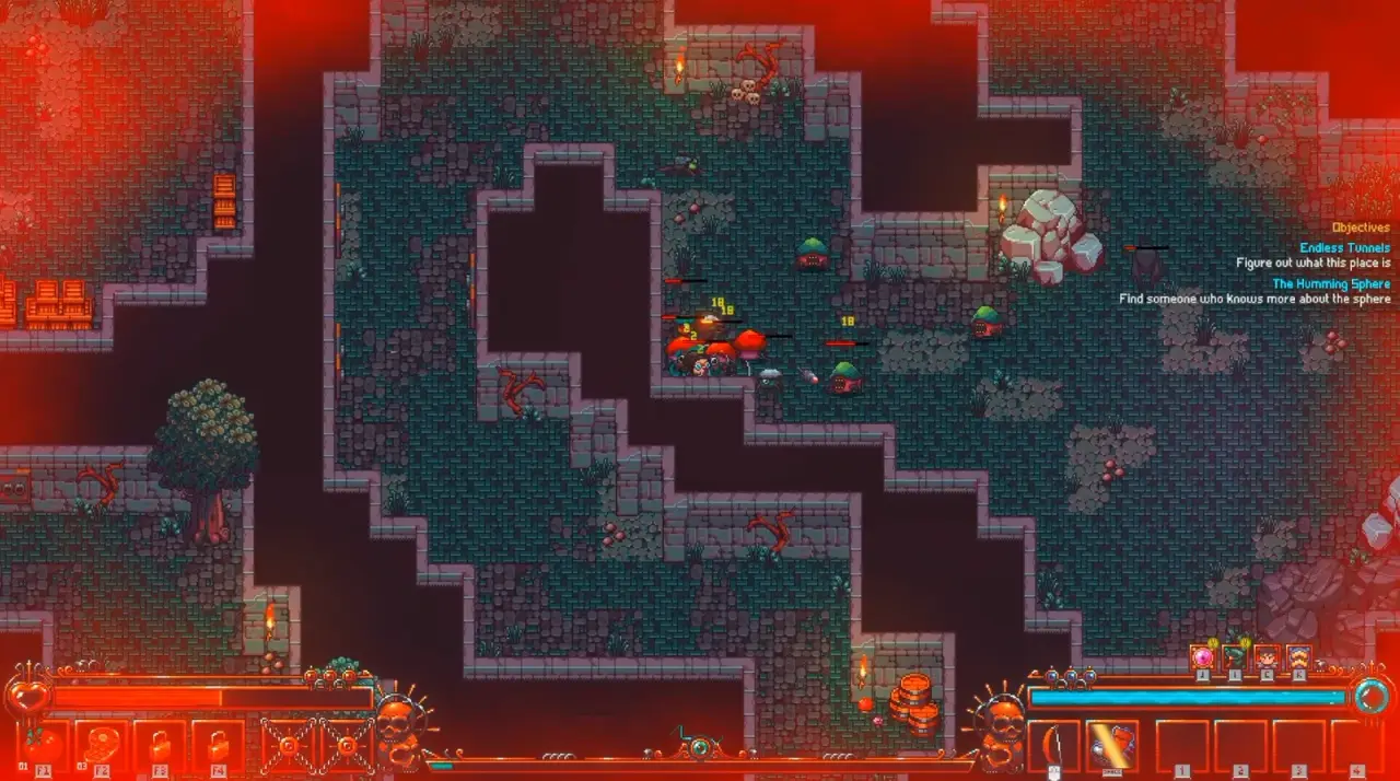 Emberville dungeon combat with enemies, item drops and the player interface