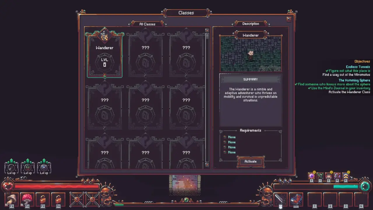 The Emberville Classes menu with Wanderer selected and an Activate control