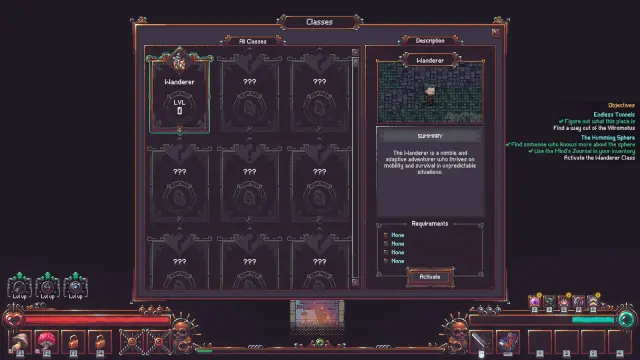 The Emberville Classes menu with Wanderer selected and an Activate control