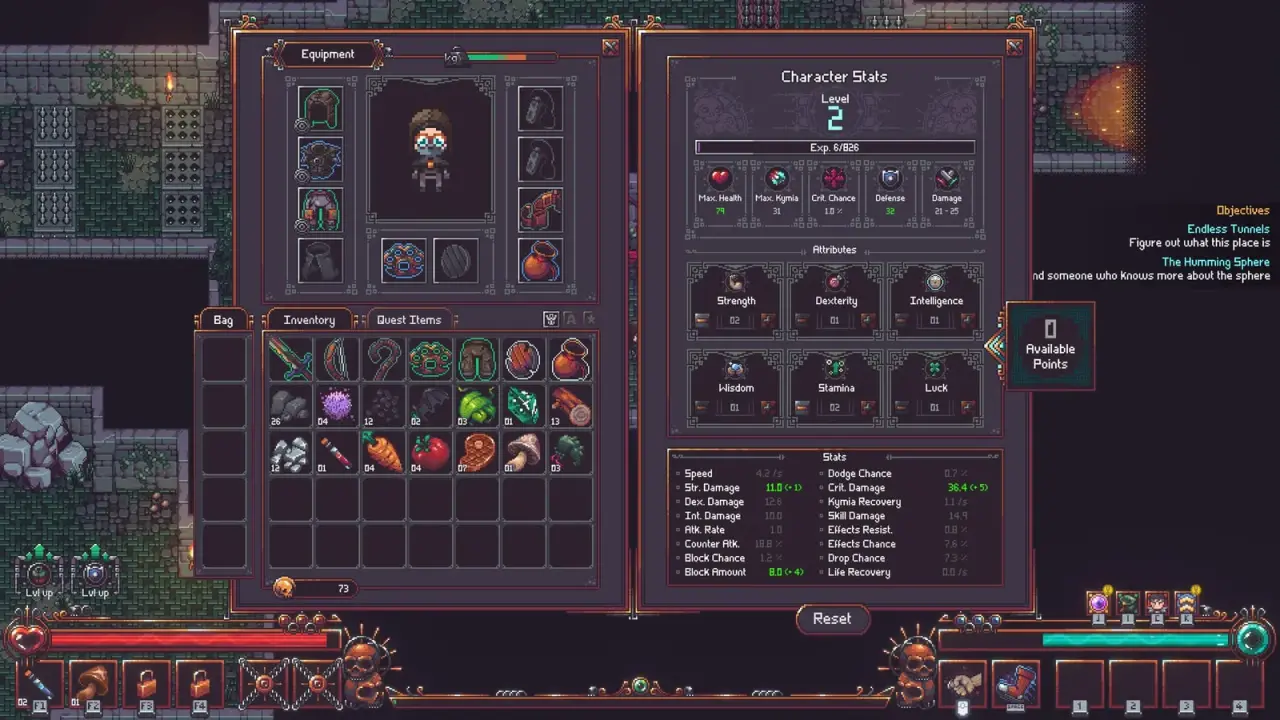 Emberville equipment, inventory and character statistics used to compare individual gear