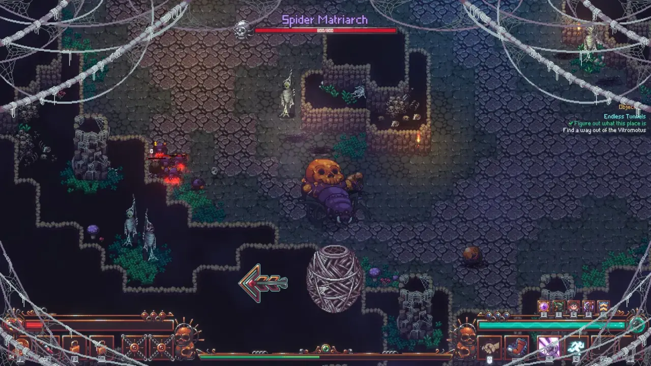 Spider Matriarch encounter with small spiders and a round target at the left of the arena