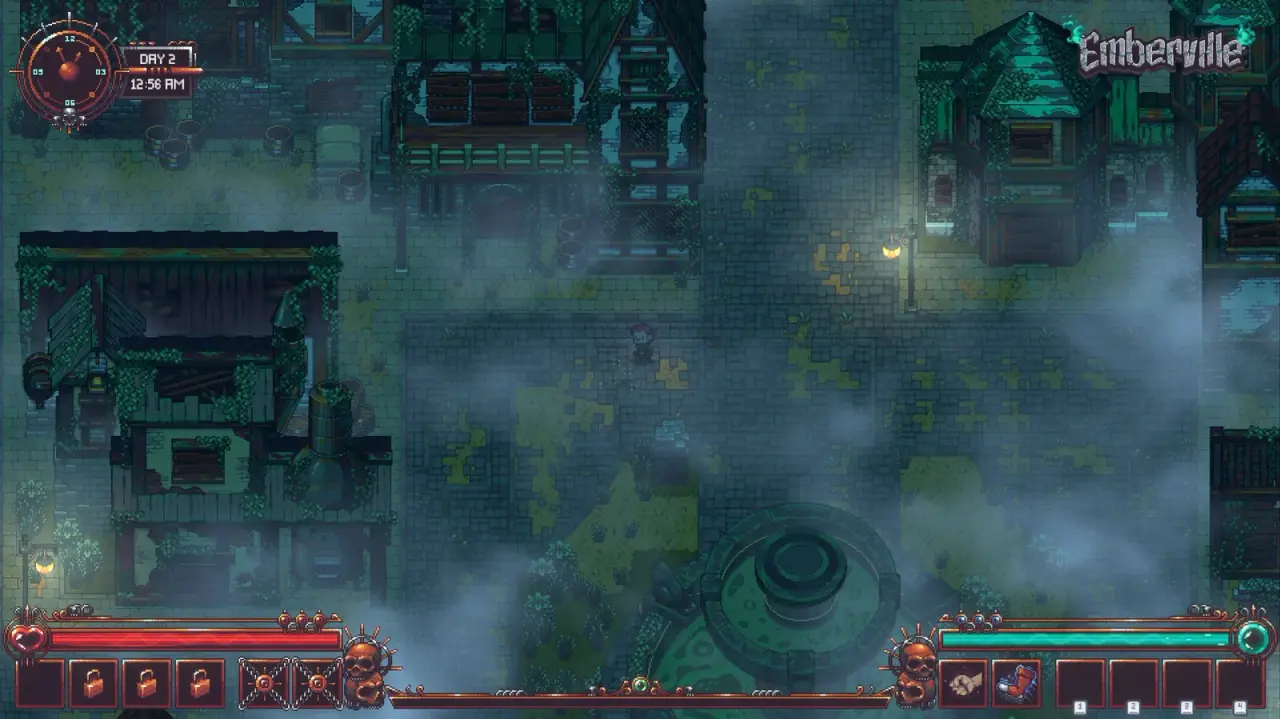Foggy streets and damaged buildings in Emberville